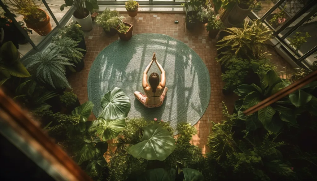 Women meditating in lotus position, tropical paradise